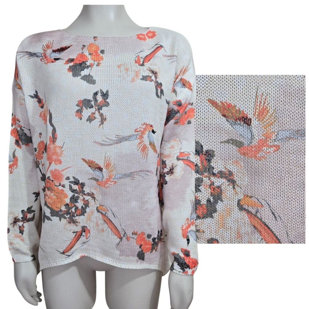 M‎ Made In Italy Womens M Open Knit Sweater Crane Birds Boxy Round Neck Pullover